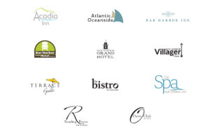 Logo grid: Acadia Inn, Atlantic Oceanside Hotel, Bar Harbor Inn, Bar Harbor Motel, Bar Harbor Grand, Bar Harbor Villager, The Terrace, The Bistro, The Spa, The Reading Room, The Oasis