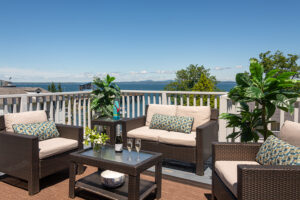 Photo graph of the outside deck at the Bistro Restaurant at the Atlantic Oceanside Hotel in Bar Harbor Maine